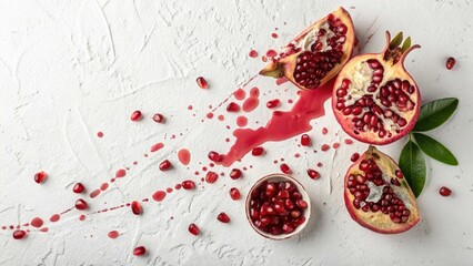 Pomegranate Seeds and Juice Flat Lay on Textured White Background