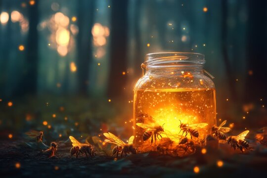 A magical honey jar glowing softly, surrounded by enchanted bees with sparkling wings in a mystical forest setting