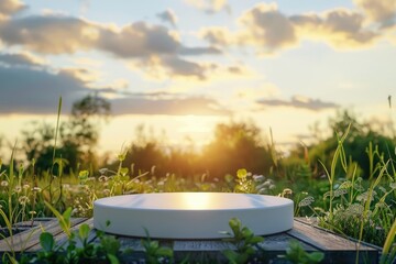 White podium greenery sunset background