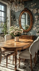 Sunlit Dining Room With Antique Furniture And Flowers