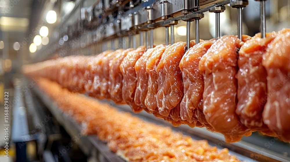 Poster chicken pieces on a processing line in a factory.