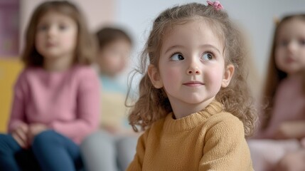Fototapeta premium In a colorful preschool setting, kindergarten students from different cultures pay close attention, forming a cohesive learning group