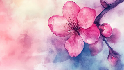 Delicate Pink Watercolor Spring Flower Blooming Against a Soft Pastel Background