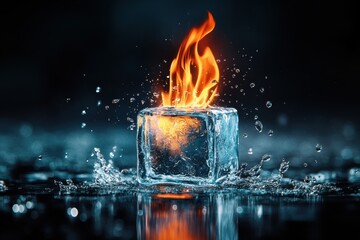 A striking image of a burning ice cube surrounded by splashes of water, embodying the intense interplay between fire and ice, capturing the essence of elemental contrasts.