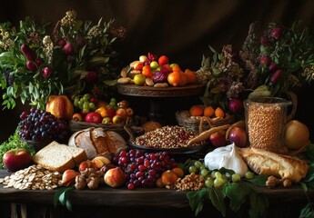 Vibrant Still Life of Assorted Fresh Fruits, Nuts, Breads, and Grains Arranged on a Rustic Wooden Table with Rich Natural Textures and Colors