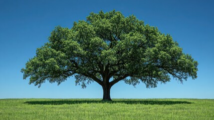 Majestic oak tree in a grassy field under a vibrant blue sky.
