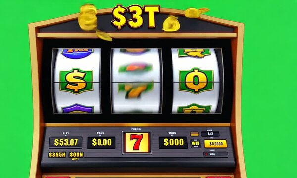 A slot machine with spinning reels that land on three identical symbols, mega millions march, green screen