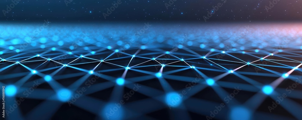 Poster abstract digital network background with glowing lines and dots in blue tones.