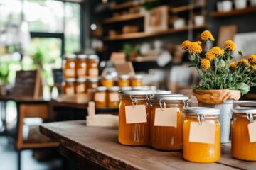 Obraz premium A rustic shop counter with jars of honey stacked neatly, labeled and ready for sale