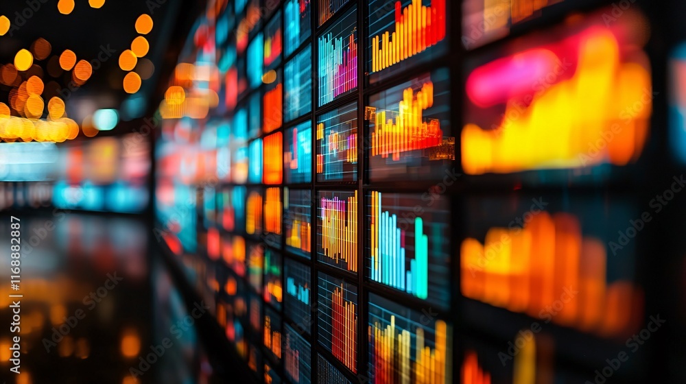 Poster Business Smart Data Analytics Insights graphs and charts on multiple screens in a dynamic workspace Stock Photo with side copy space
