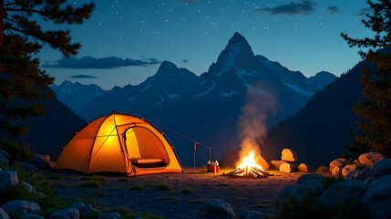 Serene mountain campsite at night.  Illuminated tent, crackling campfire, majestic peaks under a starlit sky. Tranquil escape.