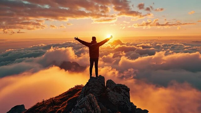 A person stands atop a rocky mountain, arms spread wide in joy as the sun rises over a vast sea of colorful clouds. This moment captures a deep connection with nature at dawn.