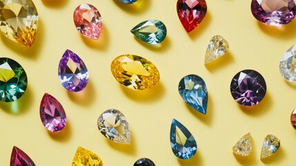Colorful gemstones scattered on a bright yellow surface create a vibrant display of shape and light