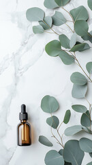 Elegant flat lay showcasing an essential oil bottle and fresh eucalyptus leaves