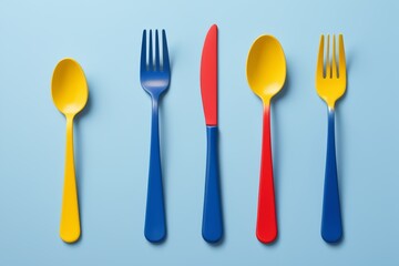 a close up of a group of forks and spoons on a blue surface