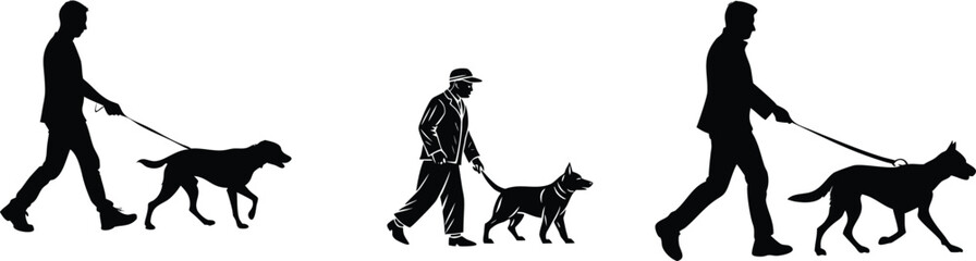 Man walking with dog vector silhouette. 