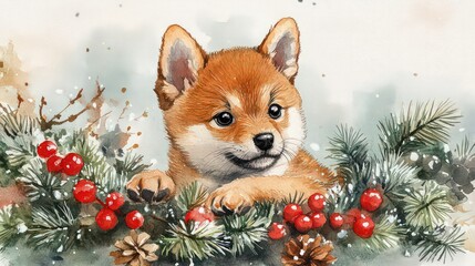 Portrait of a Shiba Inu puppy in a New Year's decor