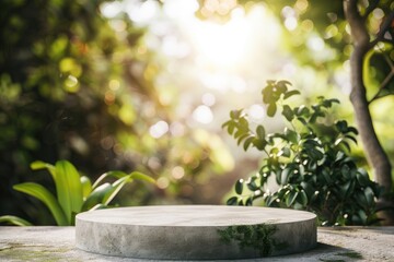 Stone podium with sunlight greenery background