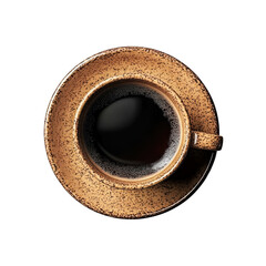 Morning Ritual: A rustic brown coffee cup filled to the brim with dark, rich coffee sits on a matching saucer. The top-down view captures the warmth and anticipation of a fresh brew.