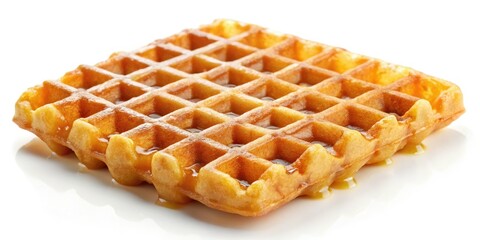 A delectable, crispy Belgian waffle, perfectly isolated against a white background. High-quality stock photo.