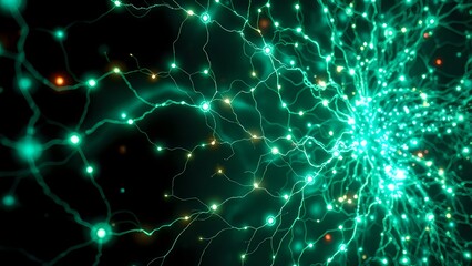 Futuristic Bioluminescent Neural Network Cityscape - Glowing Green Lines & Dots
