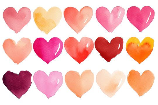 Watercolor Hearts Collection: A vibrant array of 18 watercolor hearts in various shades of pink, orange, and red, perfect for adding a touch of love and warmth to your designs. 