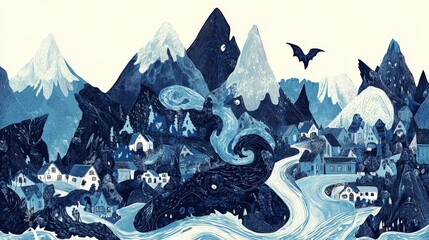 Blue Mountain Village Scene With Winding River and Bat