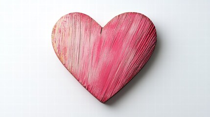 Fototapeta premium Pink Wooden Heart Cut-Out on White Background with Subtle Textures and Natural Wood Grain Details Highlighting Craftsmanship and Aesthetic Appeal