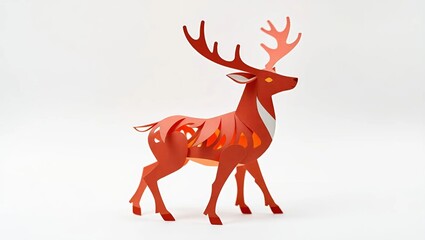 A majestic Christmas reindeer paper craft with intricate folds and cutouts, set against a pristine white background, showcasing exceptional high detail and realism, ideal for toys and decoration items