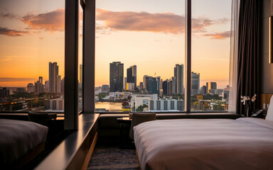 Obraz premium Hotel room in modern city. Modern Hotel Room with City View.