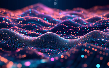 dynamic wave of glowing data points in a futuristic digital landscape
