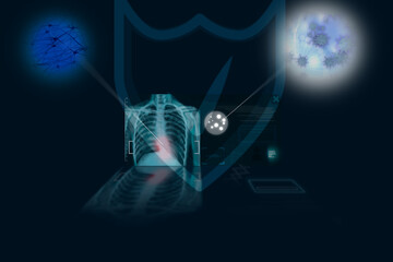 Medical technology. Human skeleton x-ray and patient's data, neural network and virus on dark blue background, illustration