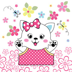 Cute cat vector character surrounded by beautiful flowers and colorful butterflies in a lively background
