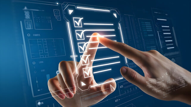 businessman hand touching a holographic interface displaying a digital checklist with blue tones and glowing checkboxes.