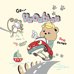 Cute bear vector character driving a car on a city road with traffic signs and urban surroundings
