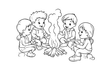 vector illustration of children's sitting around the campfire , black outline for kids coloring page.