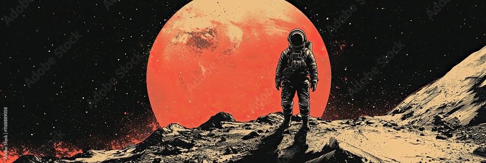 Poster astronaut on mars, exploring alien landscape with red planet in background.