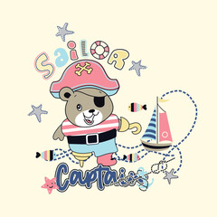 Cute animal vector illustration as a sailor on a tropical island. Whimsical and adventurous design.