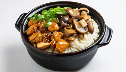 Aromatic Claypot Rice Dish with Savory Chicken and Fresh Vegetables from Top Down View