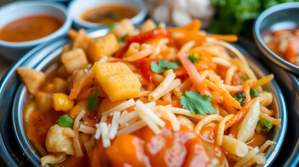 High-resolution stock photo A vibrant, tight close-up shot of a national dish, with bright, lively colors and detailed focus, professionally photographed for commercial use