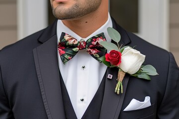 Groom's elegant attire with floral bow tie and boutonniere wedding celebration portrait outdoor stylish look