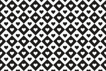 Black and white heart diagonal check seamless pattern
