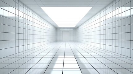A minimalistic, bright, tiled corridor with a door.