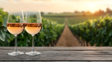 Two glasses of ros? wine on wooden table with vineyard background at sunset.
