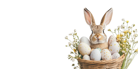 Easter banner with a bunny and a basket of painted colorful eggs isolated on transparent background. Happy Easter banner for advertisement, header, easter rabbit, egg, and spring flowers, copy space