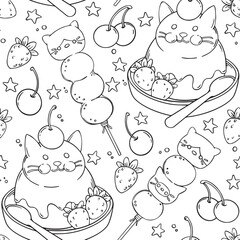 vector illustration seamless pattern with asian sweets. kawaii street food. coloring book