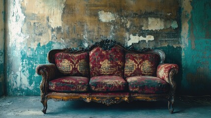 Vintage Ornate Couch in Abandoned Room with Peeling Wall
