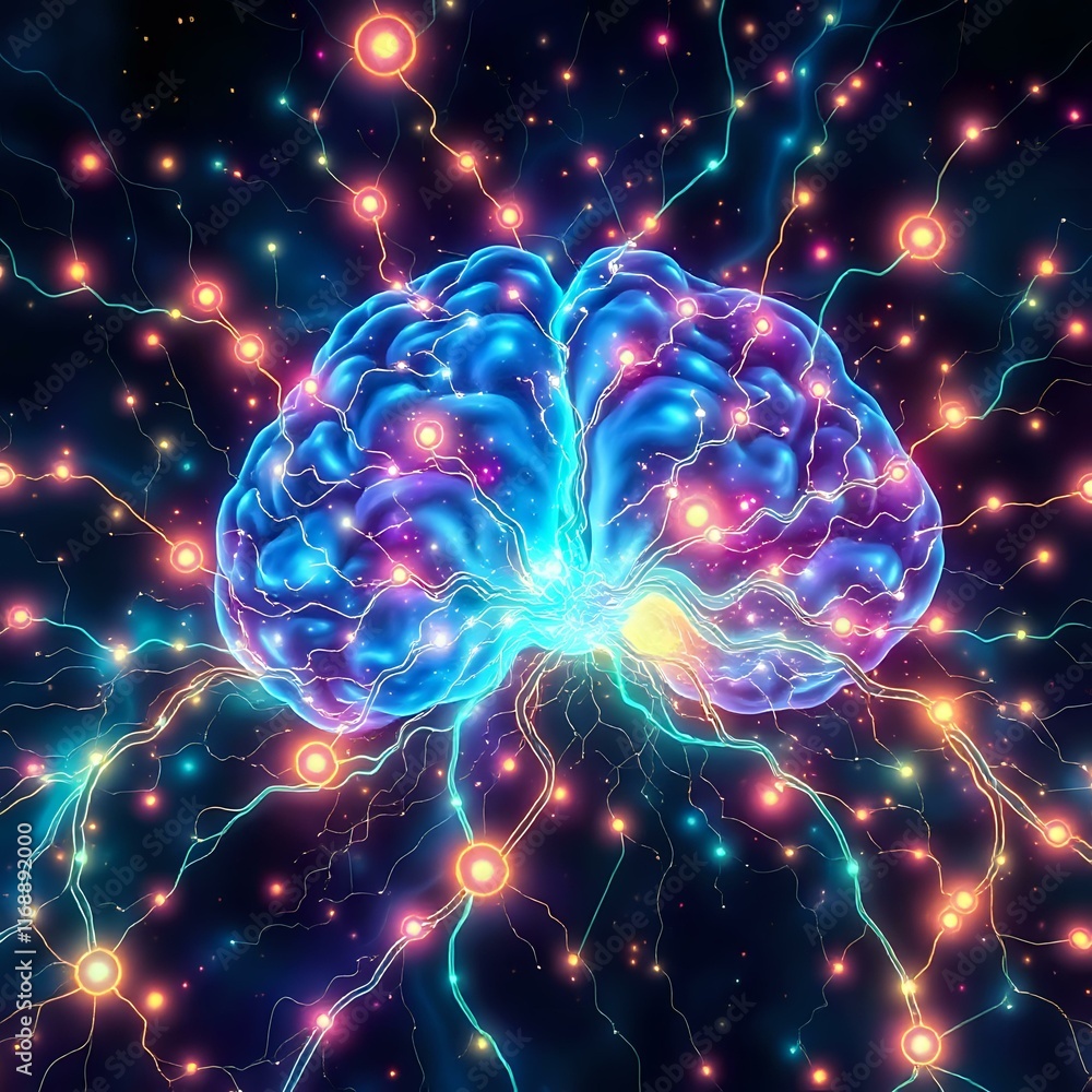 Poster Ethereal Bioluminescent Brain with Neural Networks - Art Nouveau Style