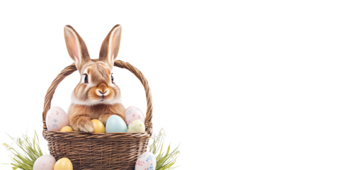 Easter banner with a bunny and a basket of painted colorful eggs isolated on transparent background. Happy Easter banner for advertisement, header, easter rabbit, egg, and spring flowers, copy space