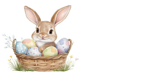 Easter banner with a bunny and a basket of painted colorful eggs isolated on transparent background. Happy Easter banner for advertisement, header, easter rabbit, egg, and spring flowers, copy space